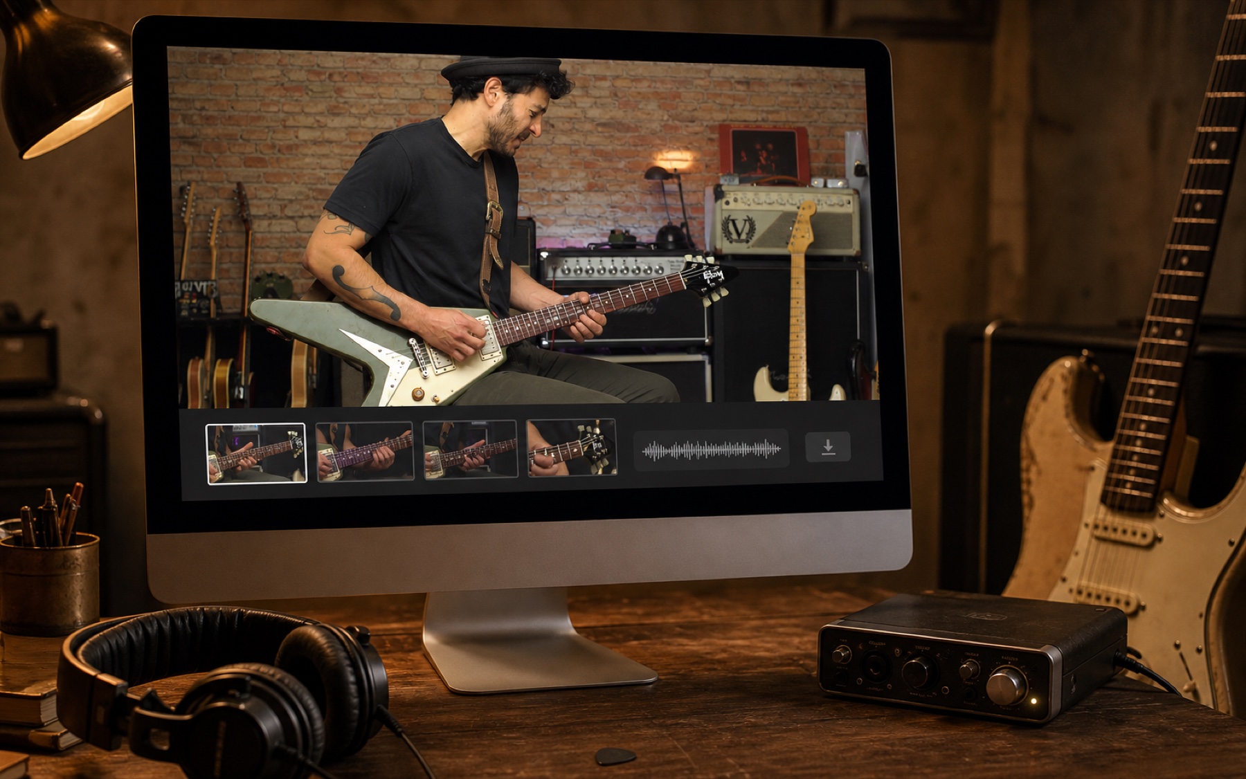 Computador em um estúdio de guitarra exibindo uma performance de Blues de Artur Menezes e backing tracks