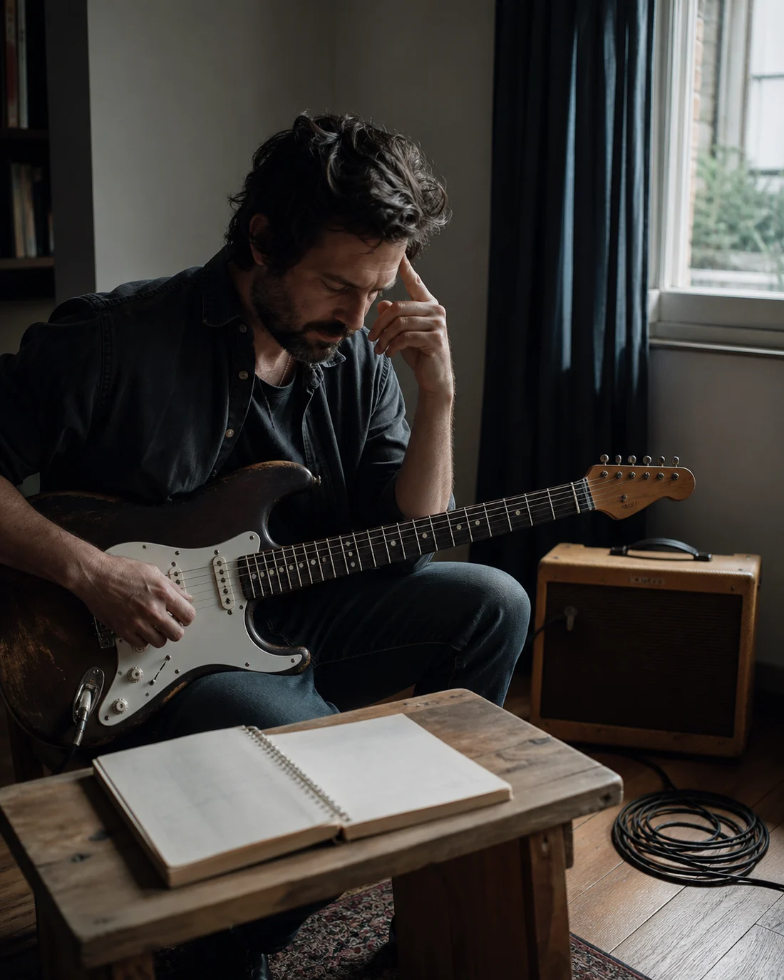 Guitarrista estudando e buscando novas ideias de improvisação