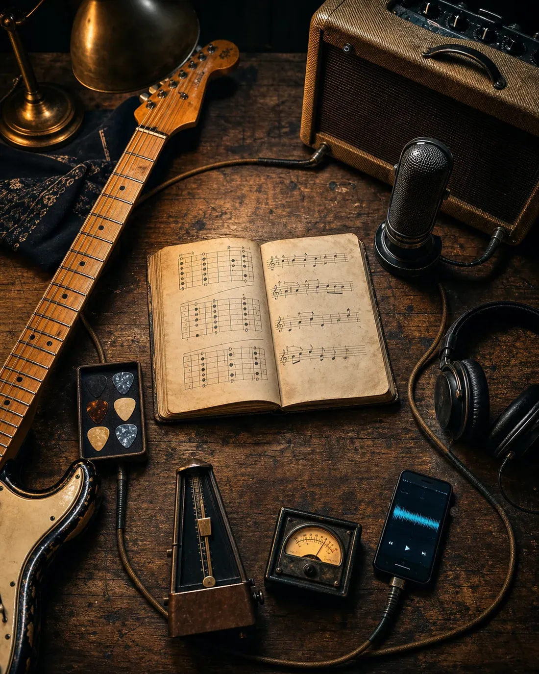 Mesa de estudo vintage representando linguagem, vocabulário, expressão e performance no método Total Blues